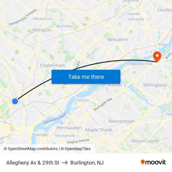 Allegheny Av & 29th St to Burlington, NJ map
