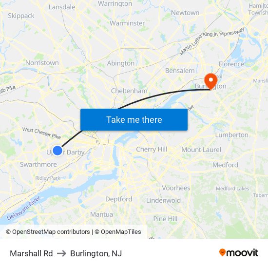 Marshall Rd to Burlington, NJ map