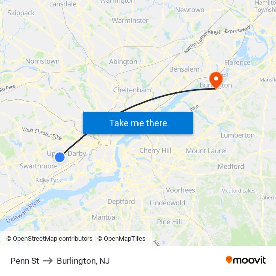 Penn St to Burlington, NJ map