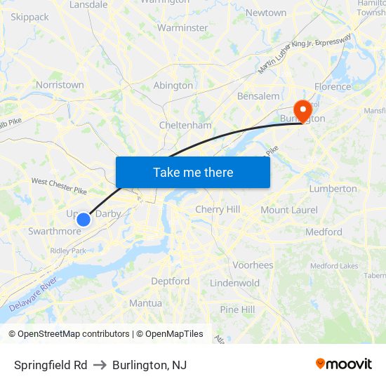 Springfield Rd to Burlington, NJ map