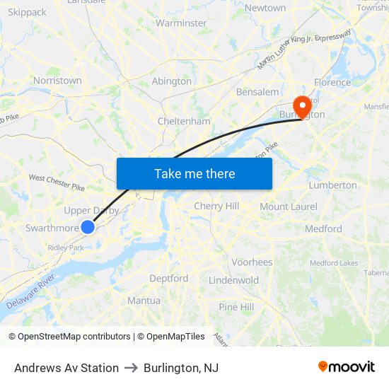 Andrews Av Station to Burlington, NJ map