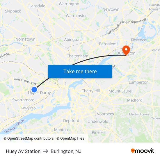 Huey Av Station to Burlington, NJ map