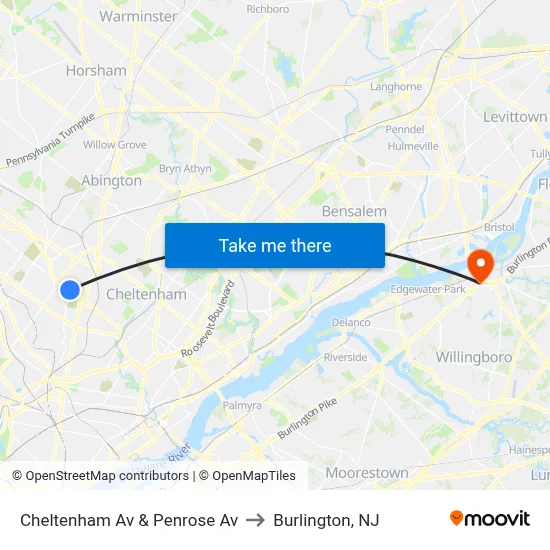 Cheltenham Av & Penrose Av to Burlington, NJ map