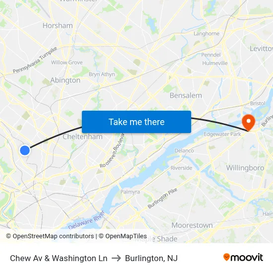 Chew Av & Washington Ln to Burlington, NJ map