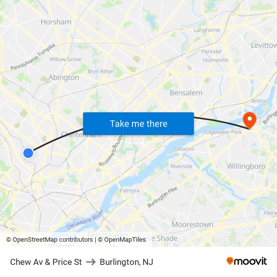 Chew Av & Price St to Burlington, NJ map