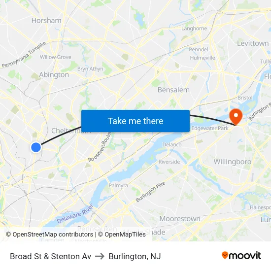 Broad St & Stenton Av to Burlington, NJ map