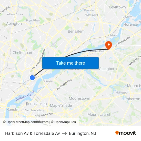 Harbison Av & Torresdale Av to Burlington, NJ map