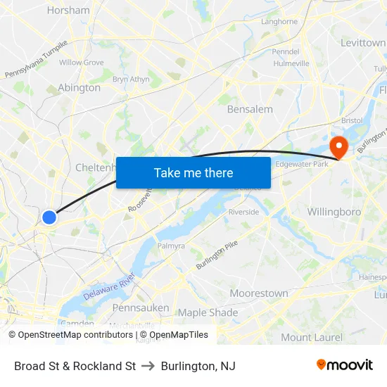 Broad St & Rockland St to Burlington, NJ map