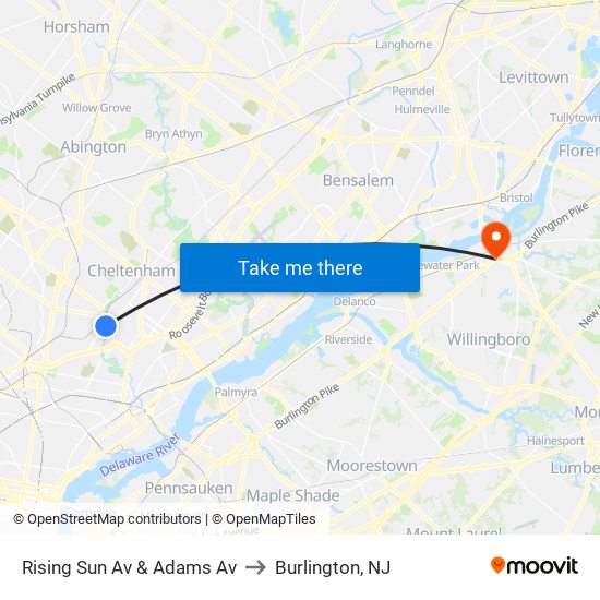 Rising Sun Av & Adams Av to Burlington, NJ map
