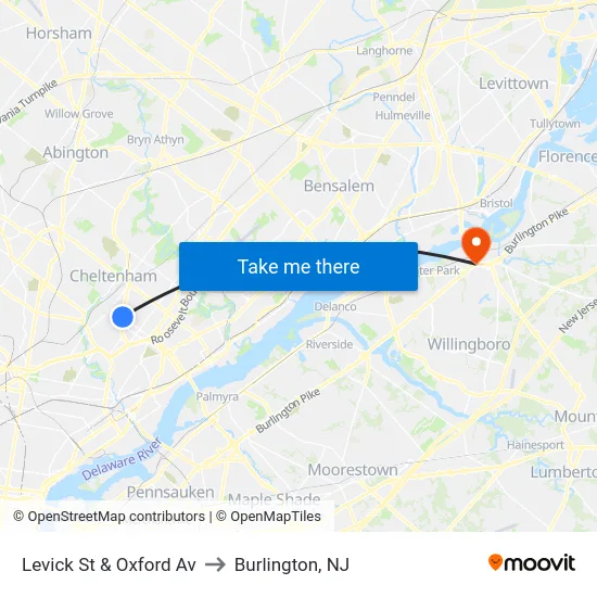 Levick St & Oxford Av to Burlington, NJ map