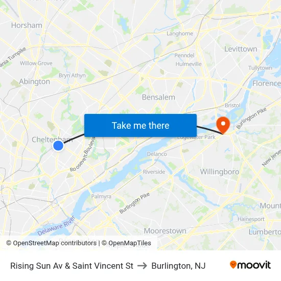 Rising Sun Av & Saint Vincent St to Burlington, NJ map