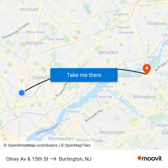 Olney Av & 15th St to Burlington, NJ map