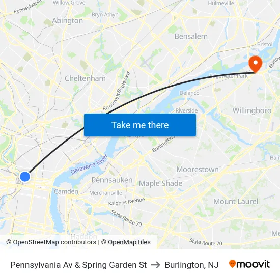 Pennsylvania Av & Spring Garden St to Burlington, NJ map