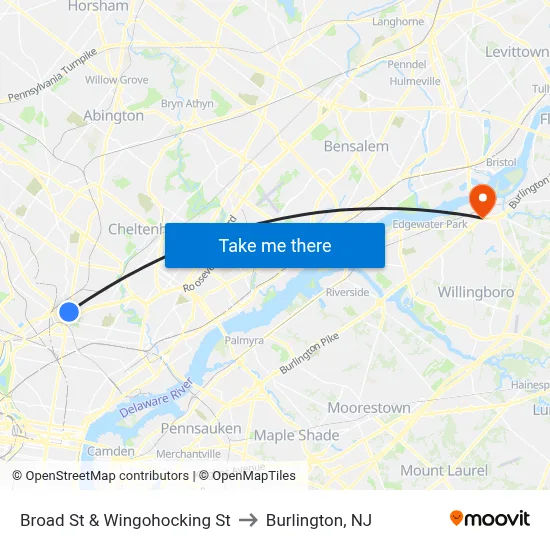 Broad St & Wingohocking St to Burlington, NJ map