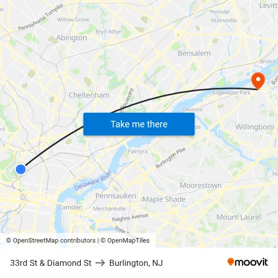 33rd St & Diamond St to Burlington, NJ map