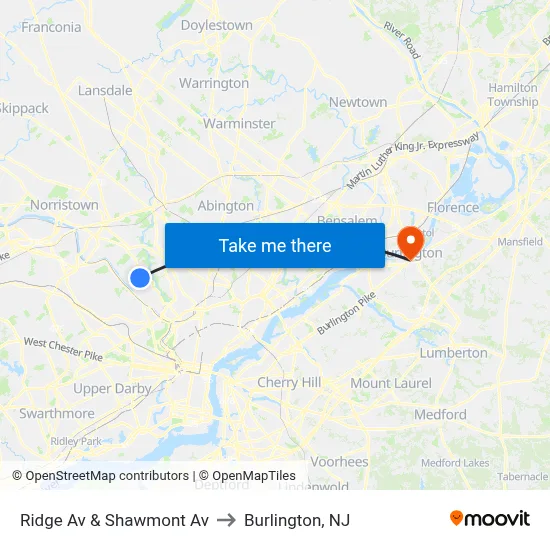 Ridge Av & Shawmont Av to Burlington, NJ map
