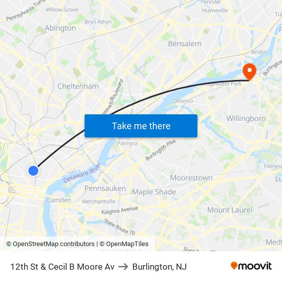 12th St & Cecil B Moore Av to Burlington, NJ map