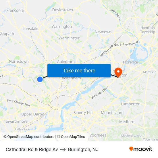 Cathedral Rd & Ridge Av to Burlington, NJ map