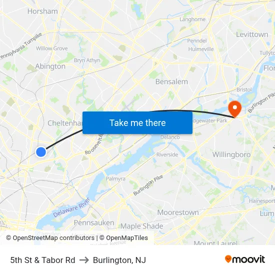 5th St & Tabor Rd to Burlington, NJ map