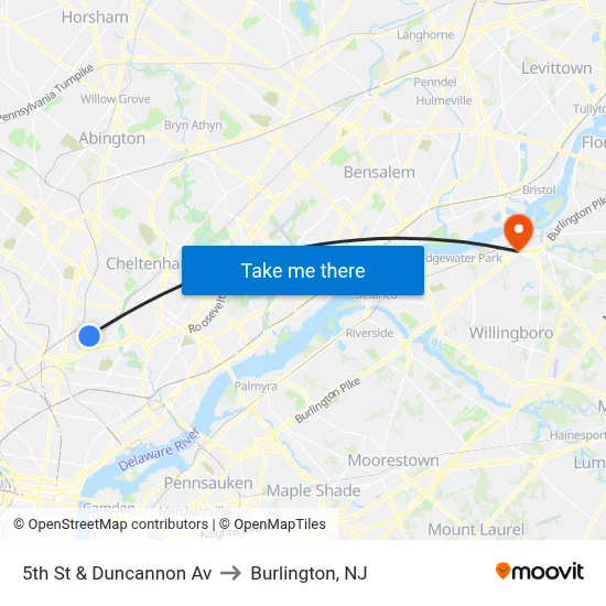 5th St & Duncannon Av to Burlington, NJ map