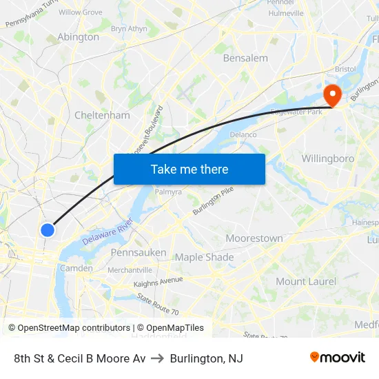 8th St & Cecil B Moore Av to Burlington, NJ map