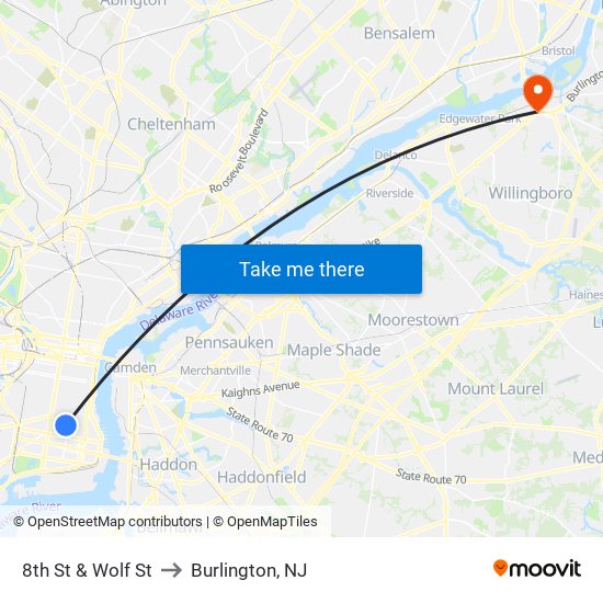 8th St & Wolf St to Burlington, NJ map