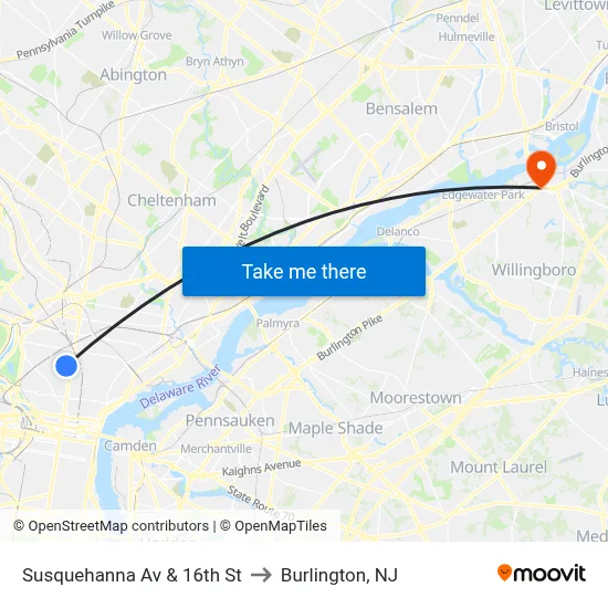 Susquehanna Av & 16th St to Burlington, NJ map