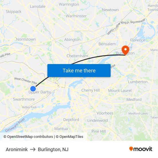 Aronimink to Burlington, NJ map