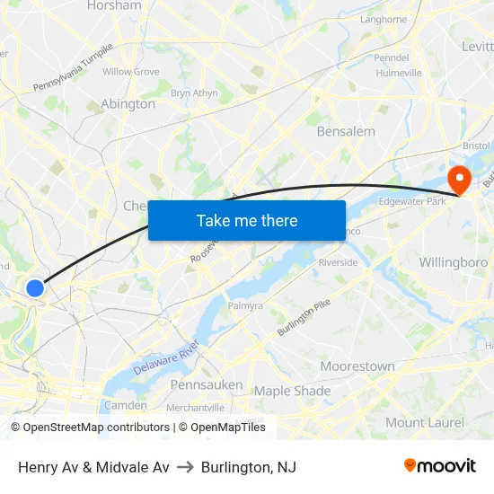 Henry Av & Midvale Av to Burlington, NJ map