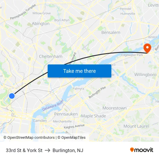 33rd St & York St to Burlington, NJ map