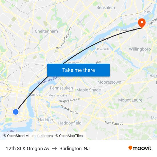 12th St & Oregon Av to Burlington, NJ map