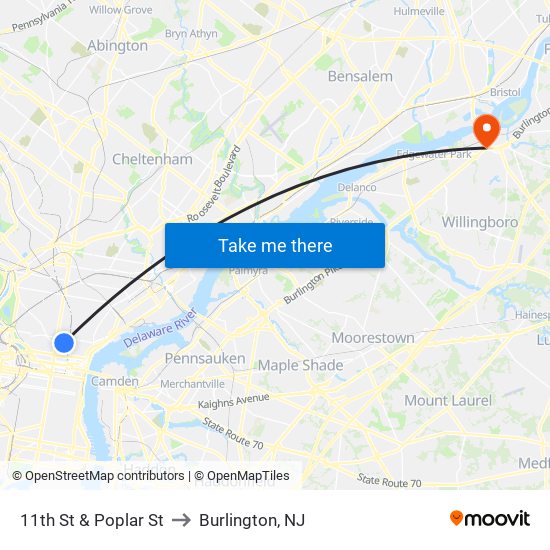 11th St & Poplar St to Burlington, NJ map