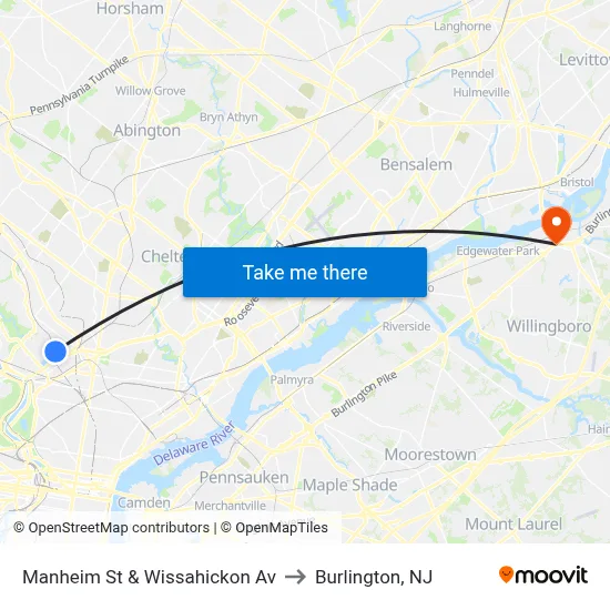 Manheim St & Wissahickon Av to Burlington, NJ map