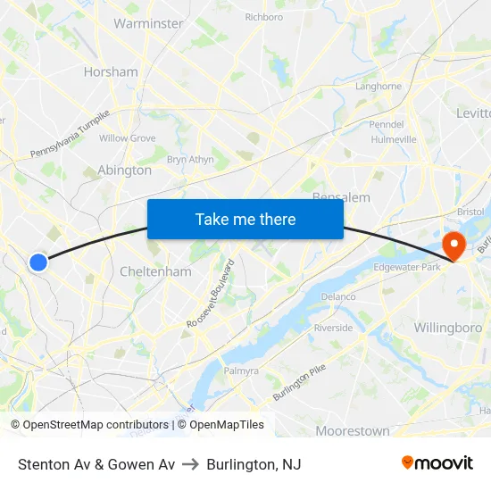 Stenton Av & Gowen Av to Burlington, NJ map