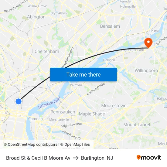 Broad St & Cecil B Moore Av to Burlington, NJ map