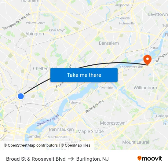 Broad St & Roosevelt Blvd to Burlington, NJ map