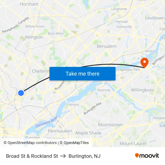 Broad St & Rockland St to Burlington, NJ map