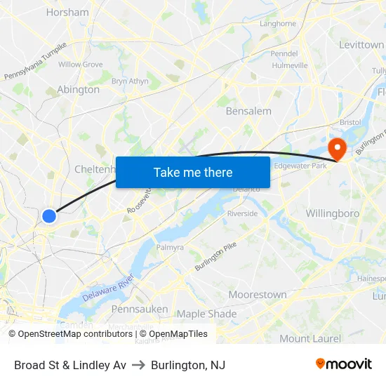 Broad St & Lindley Av to Burlington, NJ map