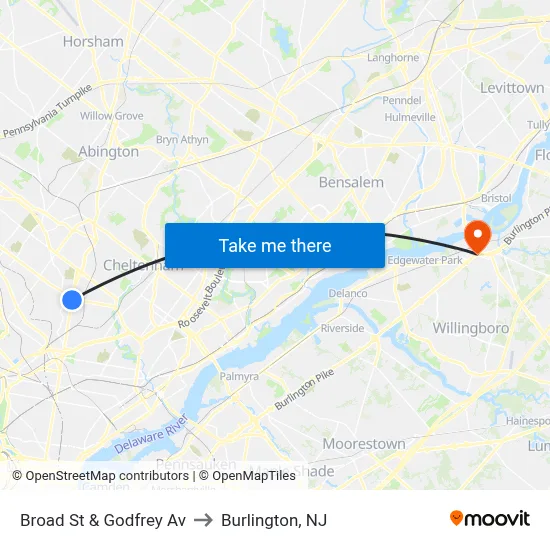 Broad St & Godfrey Av to Burlington, NJ map