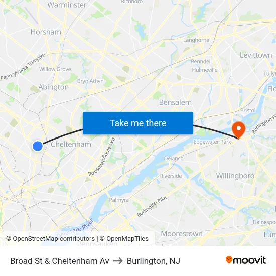 Broad St & Cheltenham Av to Burlington, NJ map