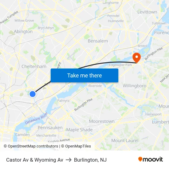 Castor Av & Wyoming Av to Burlington, NJ map