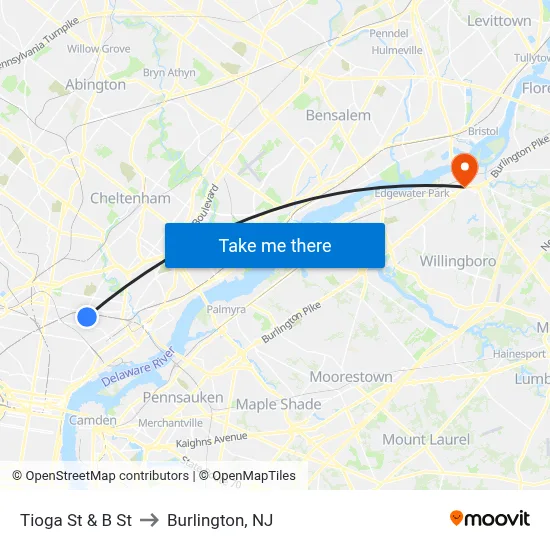 Tioga St & B St to Burlington, NJ map