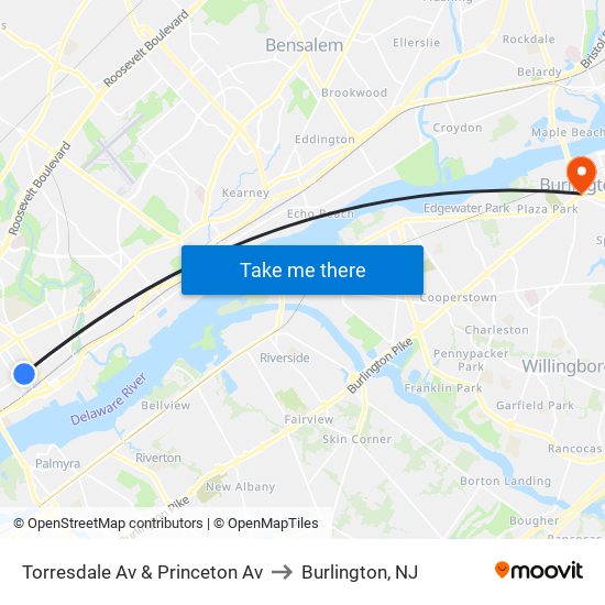 Torresdale Av & Princeton Av to Burlington, NJ map