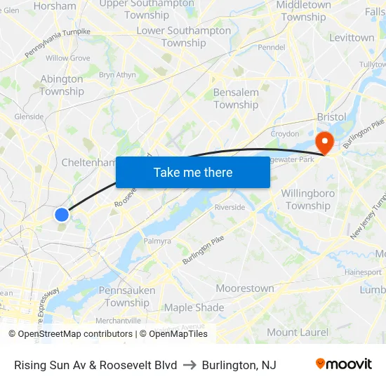 Rising Sun Av & Roosevelt Blvd to Burlington, NJ map