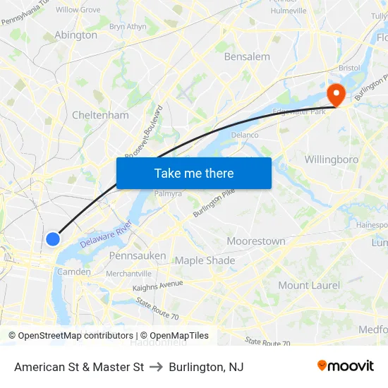 American St & Master St to Burlington, NJ map