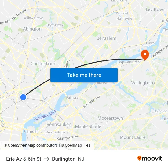Erie Av & 6th St to Burlington, NJ map