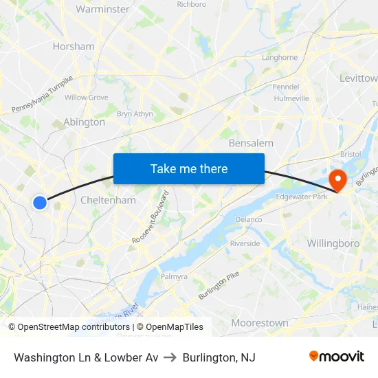 Washington Ln & Lowber Av to Burlington, NJ map
