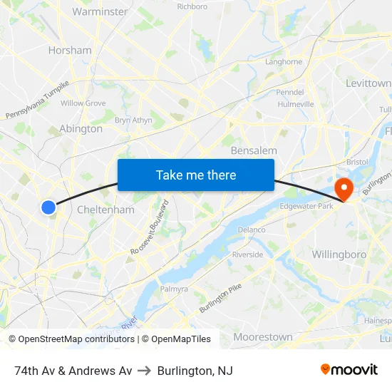 74th Av & Andrews Av to Burlington, NJ map