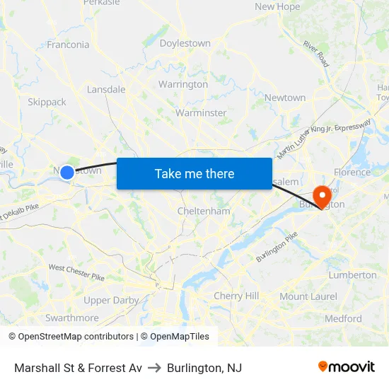 Marshall St & Forrest Av to Burlington, NJ map