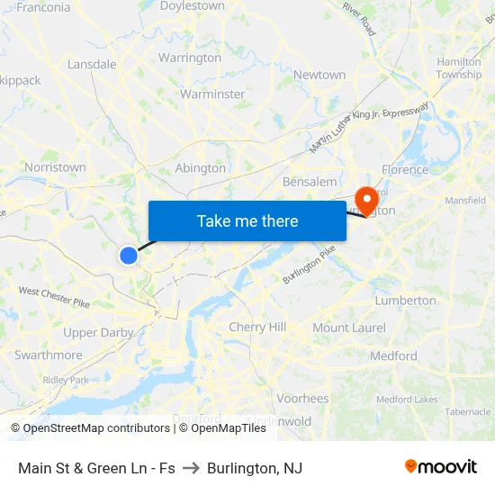 Main St & Green Ln - Fs to Burlington, NJ map